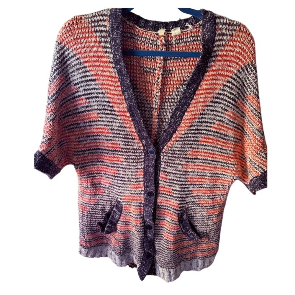 Moth Anthropologie Orange Navy Cream Knit Cardigan Sweater Pockets Medium